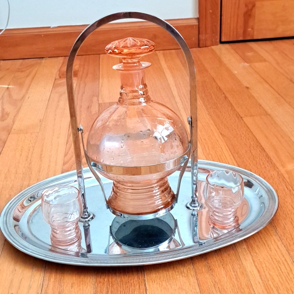 Pink Glass Decanter with 2 matching Liquor Glasses with Continental Silver Tray
